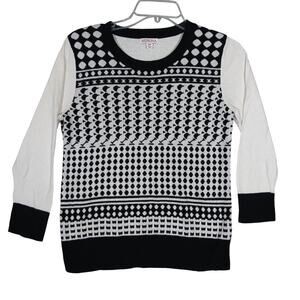 Merona Sweater Top Size S Petite Black and White Geometrical Print 3/4 Sleeve